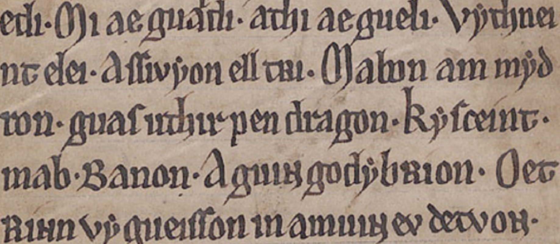 MS Peniarth 1, Folio 47r, zeigt die Erwähnung von "uthir pen dragon" im Gedicht <i>Pa Gur</i>